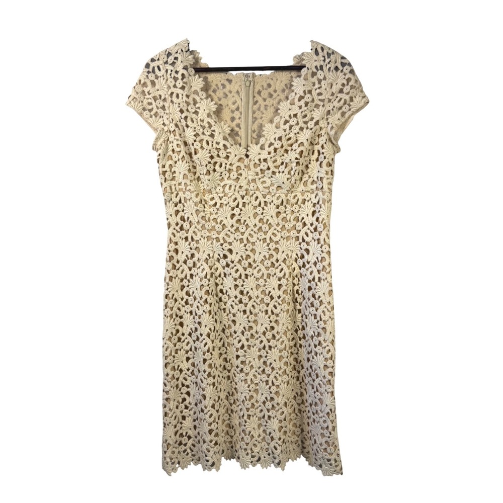 Chetta B Lace Dress Size 8 Ivory Crochet Midi Wedding Bridal Cocktail Dress